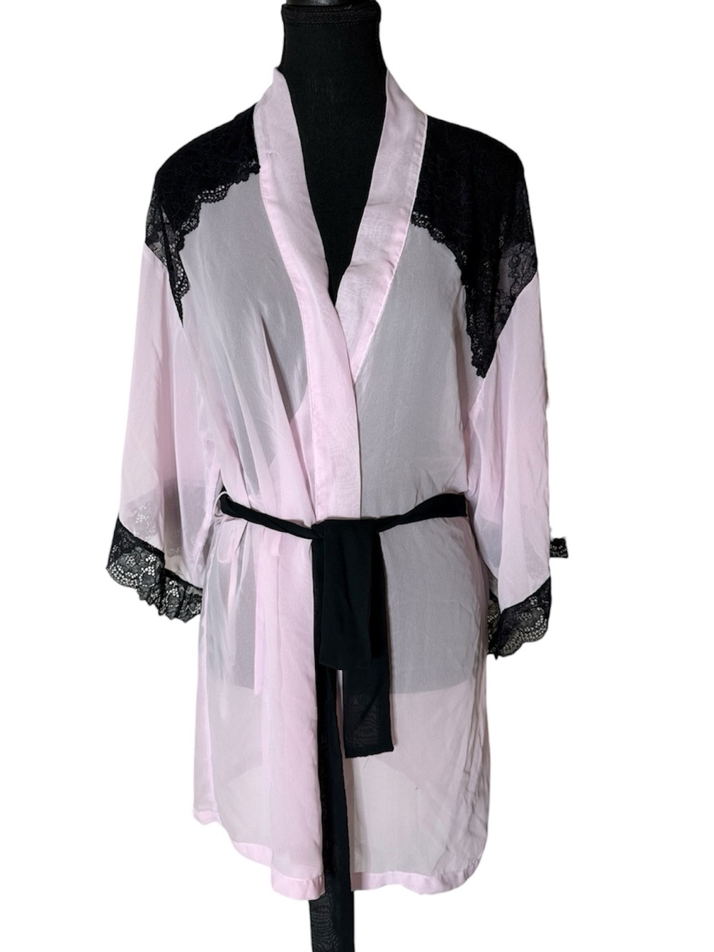 LA SENZA Pink Chiffon Robe Black Lace House Coat Kimono Lingerie Small / Medium